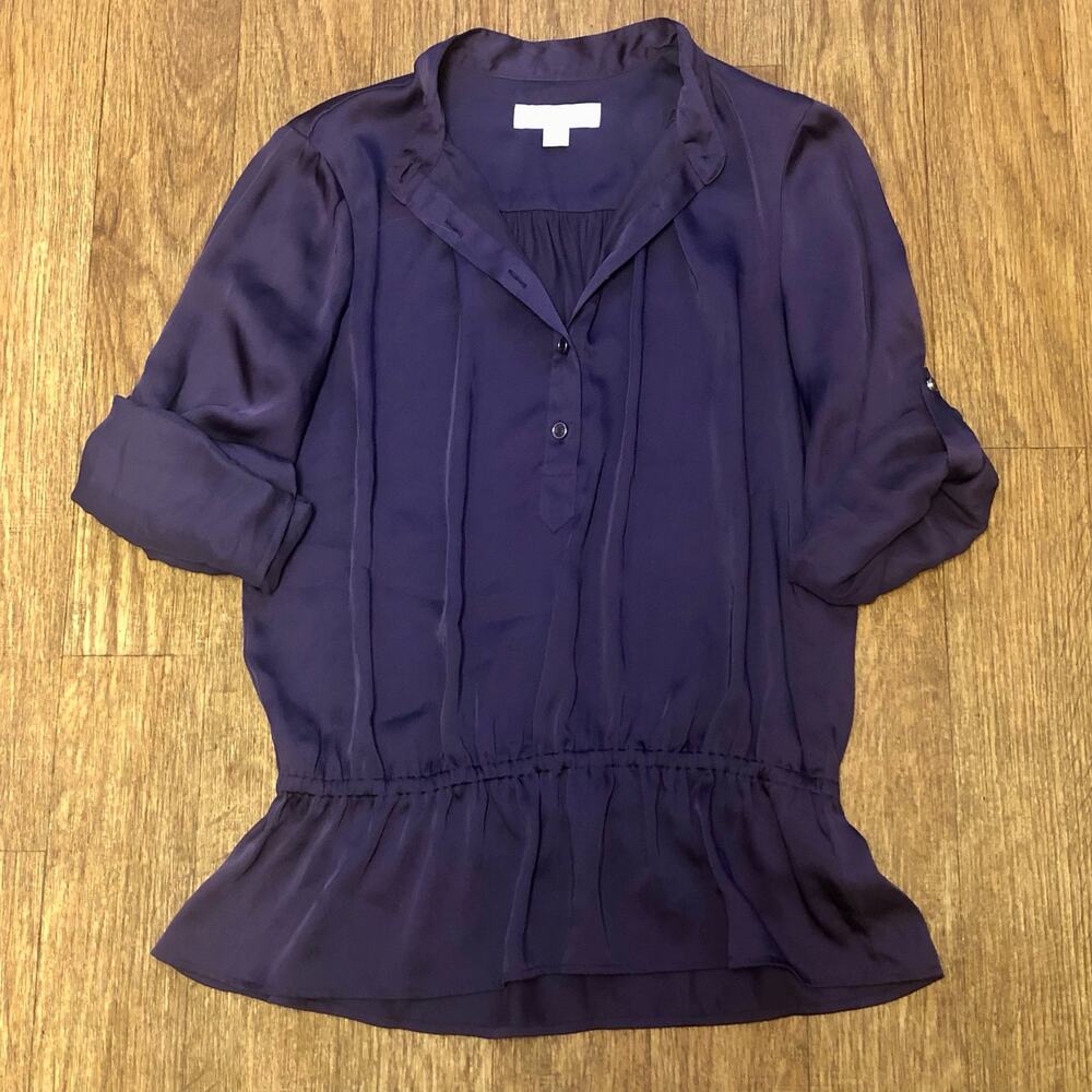 Michael Michael Kors Purple Satin Popover Roll Tab Peplum Blouse Size Small